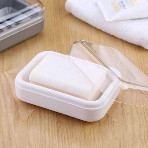 Vista 6 de Yardwe Bandeja de jabón de plástico con tapa transparente, soporte para jabón de drenaje para baño y cocina (beige blanco)