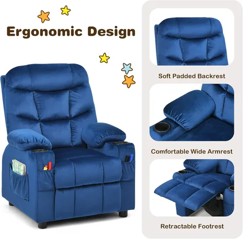 Vista 6 de Costzon Silla reclinable para niños con soporte para tazas, silla de salón de terciopelo ajustable con reposapiés y bolsillos laterales
