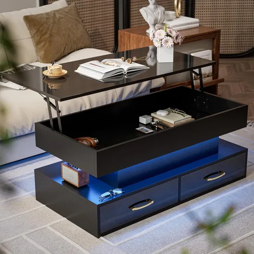 Vista 8 de IKIFLY Mesa de Centro Moderna con Tapa Elevable, Alto Brillo con Luces LED de 16 Colores, Tapa Elevable con 2 Cajones y Compartimento Oculto