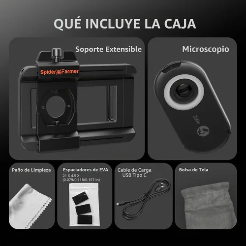 Vista 7 de Microscopio para teléfono Spider Farmer, microscopio portátil de 200 aumentos con luz LED UV, lente CPL para iPhone y teléfono Android, lente