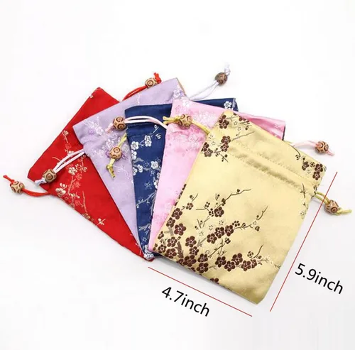 Vista 2 de 20 bolsas de seda con cordón, bolsa de joyería bordada de brocado de seda china, bolsa de joyería para boda, 4.7 x 5.9 pulgadas