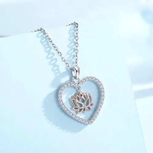 Vista 2 de CRWENG Collares de loto para mujer, plata de ley 925, collar con colgante de corazón floral de loto, joyería de circonita cúbica natural, regalos