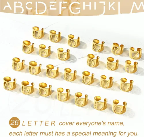 Vista 5 de KeyStyle Bold Initial Letter Rings Adjustable, GoldChic Jewelry Women Gold Statement Ring Personalized Engraved Womens Open Signet Ring for Party