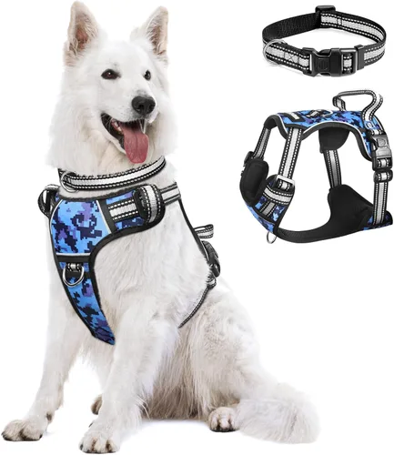 Vista 25 de Arnés para perro sin tirones, arneses para mascotas con collar, chaleco Oxford reflectante y ajustable, hebillas delanteras y traseras para correa
