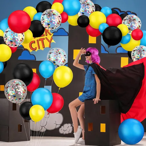 Vista 6 de Kit de guirnalda de arco de 147 piezas con temática de héroe, incluye globos azules, rojos, amarillos, negros con globos de confeti y cinta en rollo
