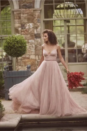 Vista 2 de Vestido de baile de graduación, tirantes delgados, de tul acampanado, cuello en V, sin espalda, vestidos largos de baile para mujer
