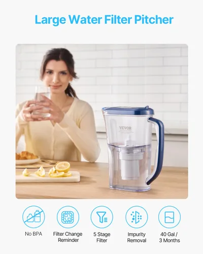 Vista 2 de Jarra con Filtro de Agua VEVOR, Dispensador de Filtro de Agua de 5 Etapas de 9 Tazas, Sistema de Filtración Rápida con Indicador de Cambio