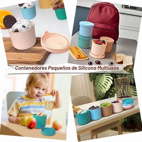 Vista 9 de Paquete de 4 recipientes de silicona de almacenamiento de alimentos de 8.5 onzas con tapas, 1 taza de recipientes reutilizables para refrigerios
