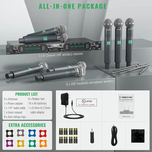 Vista 7 de Phenyx Pro Sistema de micrófono inalámbrico, micrófono inalámbrico UHF de 8 canales con micrófonos inalámbricos de mano de metal, micrófono dinámico