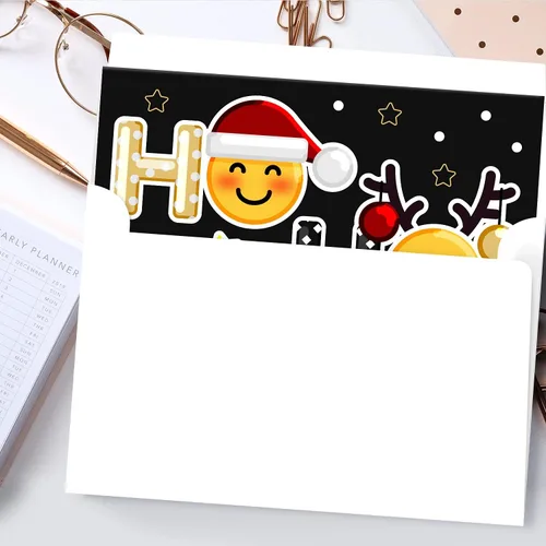 Vista 7 de Ho Ho - Tarjetas de felicitación navideñas y sobres, divertidos y lindos emoji, plegables, color negro, para Navidad y Año Nuevo, 4.25 x 5.5