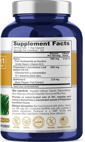 Vista 2 de NusaPure Polypodium - Cápsulas de nicotinamida, 240 mg, 150 cápsulas vegetales (sin OMG, sin soja)
