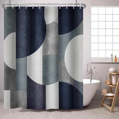 Vista 2 de Cortina de ducha azul marino con círculos geométricos abstractos y modernos, estilo contemporáneo, cortinas de ducha de tela impermeable gris