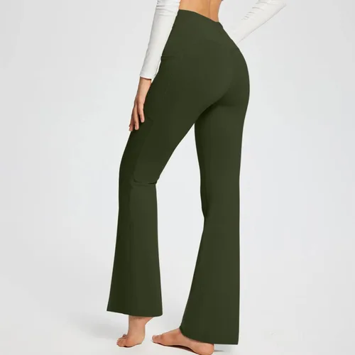 Vista 3 de Leggings acampanados cruzados para mujer, cintura alta, corte en V, corte de bota, pantalones de yoga acampanados con bolsillos