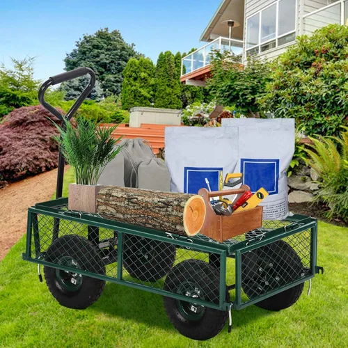Vista 6 de Carrito de jardín de acero resistente, carrito utilitario para patio, carrito utilitario para césped al aire libre con lados extraíbles y ruedas