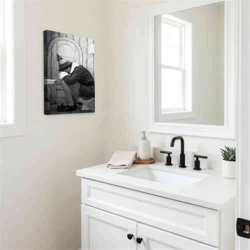 Vista 5 de B.B.F MAKE Arte de Pared Divertido en Lienzo Enmarcado Decoración de Baño Póster de Películas de Elfos de Comedia en Blanco y Negro Pintura al Óleo
