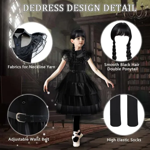 Vista 2 de Ainvliya Wednesday Addams - Disfraz de Addams para niños y niñas, vestido de cosplay negro con accesorios, disfraz de fiesta de Halloween