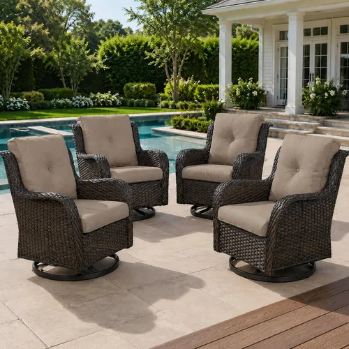 Vista 32 de HUMMUH Juego de 2 Sillas Giratorias Mecedoras de Mimbre para Patio Exterior, Juego de Muebles de Sillas Mecedoras de Ratán (Marrón, Azul) 50,000