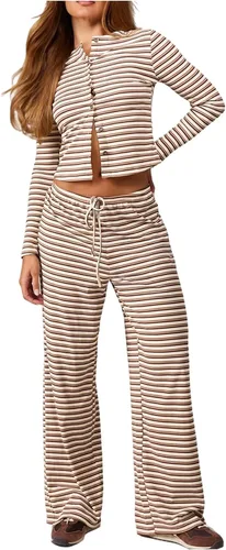 Vista 7 de SweatyRocks Conjunto de 2 piezas a rayas para mujer con botones y manga larga Varios