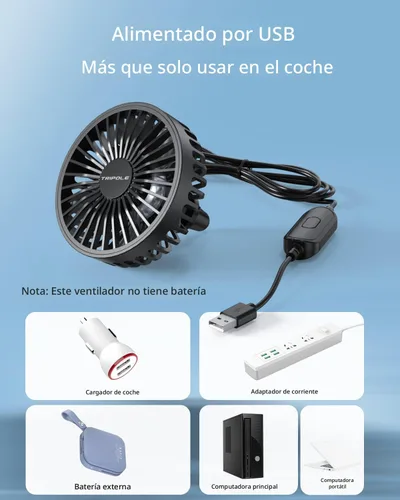 Vista 6 de TriPole Ventilador de coche alimentado por USB, potente 3 velocidades, ventilador de clip de enfriamiento portátil para ventilación del automóvil