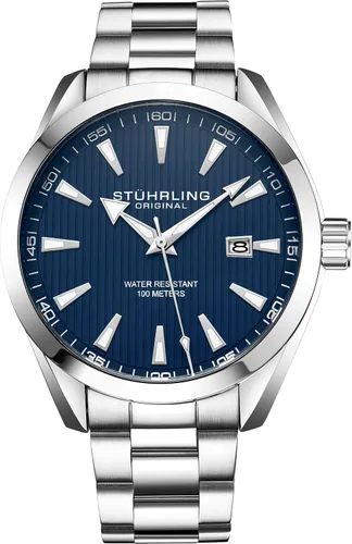 Vista 2 de Stuhrling Original Reloj de vestir para hombre, esfera analógica con fecha, banda de cuero de becerro