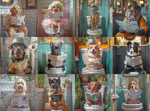 Vista 7 de Lucky Puzzles - Perros en el baño: Una cola de inodoro - Rompecabezas de 1000 piezas para adultos Rompecabezas gracioso de perros Rompecabezas