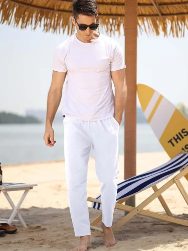 Vista 5 de MorwenVeo Pantalones de lino para hombre, casuales, con cordón, para yoga, playa, ligeros, holgados, cintura elástica, pantalones de verano