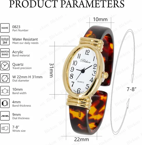 Vista 2 de Blekon Collections - Reloj de pulsera para mujer, redondo, ovalado, rectángulo, con forma de caja acrílica, diseño de concha de tortuga