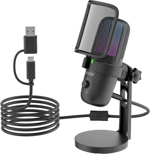 Vista 9 de Micrófono USB para juegos de transmisión, micrófono de escritorio de condensador de PC para video, uso doméstico, YouTube, con control RGB, perilla