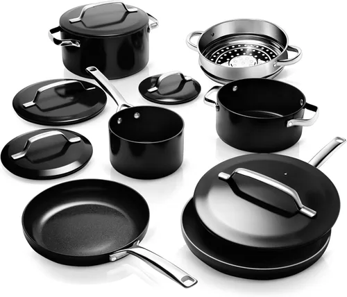 Vista 9 de Gotham Steel Moderno juego de utensilios de cocina de cerámica de 11 piezas, elegante juego de ollas y sartenes antiadherentes con vaporera, parte