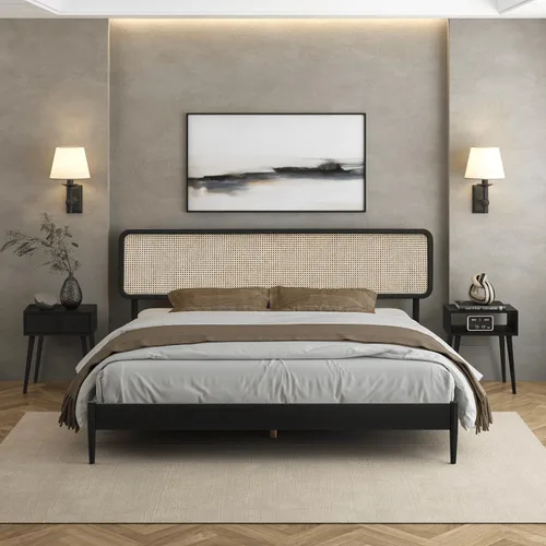Vista 18 de Lupin - Base de cama de madera con cabecero, base de madera de roble macizo y goma con listones silenciosos y soportes centrales de madera, Negro