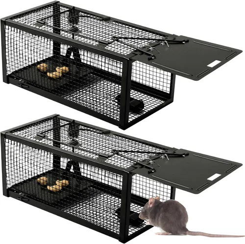 Vista 8 de Qualirey Trampa para ratas vivas, 2 unidades, trampa humana para ratones, ratones, jaula para animales pequeños, para interiores y exteriores, Verde