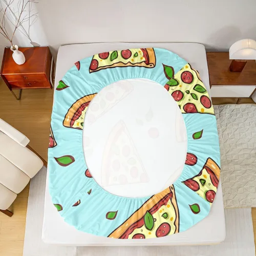 Vista 3 de Juego de sábanas de pizza de dibujos animados para niños, adolescentes, sábana bajera moderna y bohemia para niños y adultos, suave, verde