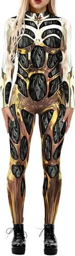 Vista 22 de Enterizo de mujer con estampado de esqueleto de robot mecánico 3D para Halloween, disfraz de cosplay