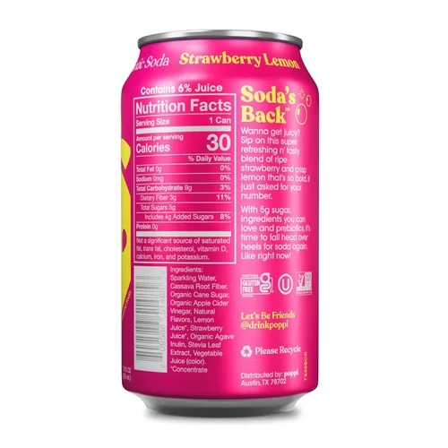 Vista 2 de POPPI - Soda prebiótica de limonada de fresa, lata de 12fl. oz