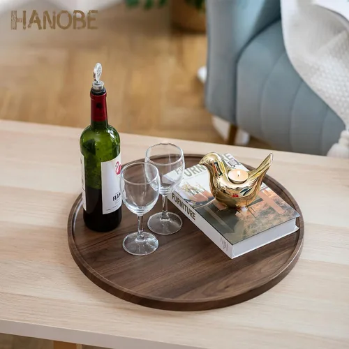 Vista 2 de Hanobe Bandeja otomana grande para servir: bandejas redondas de madera de 18 pulgadas, bandeja decorativa contemporánea para mesa de café, plato