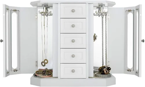 Vista 7 de RR ROUND RICH DESIGN Joyero de madera maciza con cajones de almacenamiento grandes, marrón y blanco