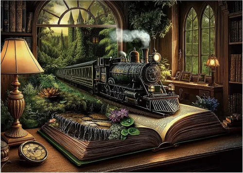 Vista 8 de Rompecabezas de Libro del Bosque del Tren de 1000 Piezas para Adultos, Rompecabezas Mágicos Vintage de Plantas Castillo, Rompecabezas de Estantería