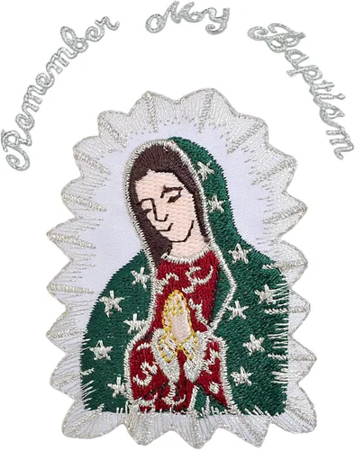 Vista 3 de Parche bordado para bautizo con la Virgen María Nuestra Señora de Guadalupe para planchar (palabra dorada en inglés 3 x 2.75)