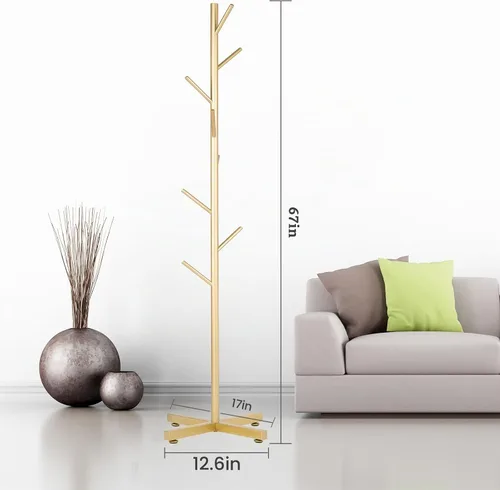 Vista 6 de Snaikor Perchero de metal, moderno perchero independiente, resistente soporte de árbol con base cruzada, percheros dorados, árbol de pasillo