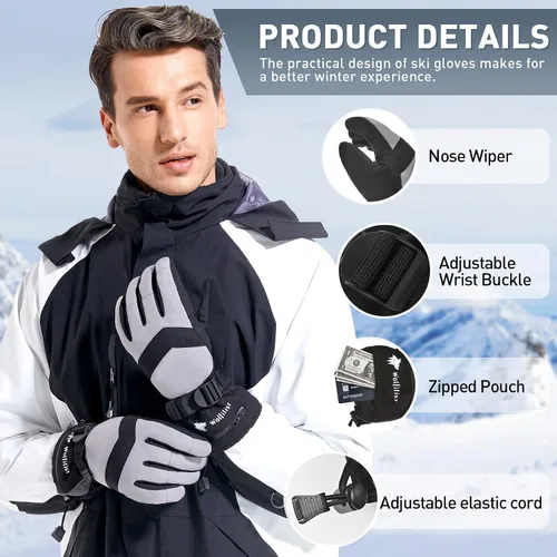 Vista 4 de Ski Gloves Waterproof Windproof - 3M Thinsulate Insulated Warm Snow Gloves, Snowboard Gloves with Zipper Pocket, Touchscreen Winter Gloves for Men
