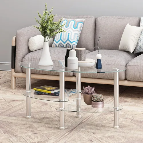 Vista 9 de Mesa de centro de cristal negro, mesa moderna ovalada para sala de estar con almacenamiento, patas de madera de roble, mesa central de vidrio