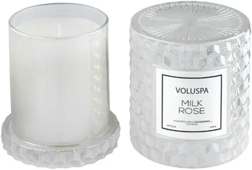 Vista 3 de Voluspa Vela de cristal texturizado Cloche Milk Rose, 8.5 onzas, tiempo de combustión de 55 horas, cera de coco para combustión limpia, hecha a mano