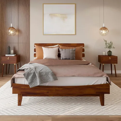 Vista 13 de Bme Caden - Base de cama de 15 pulgadas con cabecera ajustable, estilo retro de mediados de siglo, con madera de acacia, no necesita somier, 12