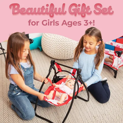 Vista 6 de Litti - Juego de accesorios para muñecas de bebé de 18 pulgadas con columpio, cuna, silla alta y portador, muebles de juguete realistas