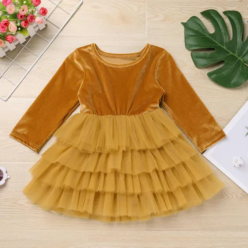 Vista 4 de Vestido de tutú de tul escalonado de terciopelo de manga larga para otoño e invierno para niñas y niñas
