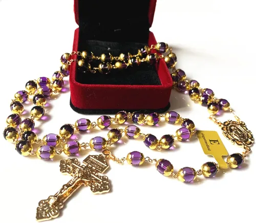 Vista 2 de elegantmedical HECHO A MANO ORO NATURAL 8MM AMATISTA CUENTAS ROSARIO CRUZ CATÓLICO COLLAR CAJA DE REGALO, Cristal
