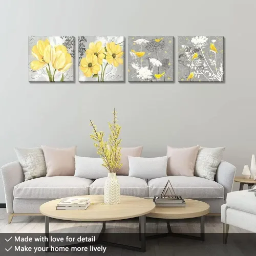 Vista 24 de Wall HDQ Arte de pared de flores para baño, dormitorio, sala de estar, decoración de pared azul y naranja, pintura floral, lienzo impreso, imagen