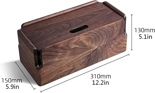 Vista 2 de Black Walnut Cable Management Box - Large Organizer for Power Strips & Cords - Wooden Design - 12.2 x 5.9 x 5.1 inches - Durable & Stylish Storage