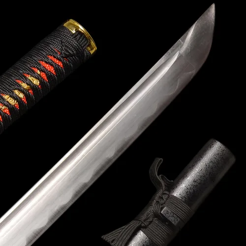 Vista 5 de Espada japonesa hecha a mano, negro/rojo-oro, soporte de exhibición