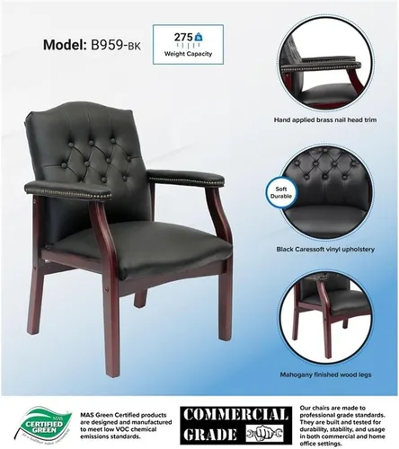 Vista 9 de Pemberly Row Silla de invitados tradicional de piel sintética, tapicería negra, base de madera de caoba con clavos de latón antiguo, 24.5 x 27 x